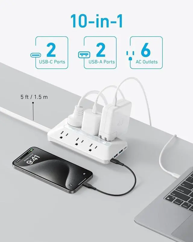 Alt view image 2 of 6 - Flat Plug Power Strip(300J) with 20W USB-C, 10-in-1 Ultra Thin Power Strip with 6 AC, 2 USB-A and C Each, 5 ft Extension Cord for Desk Charging Station/Home/Office/College/Dorm Essentials, White