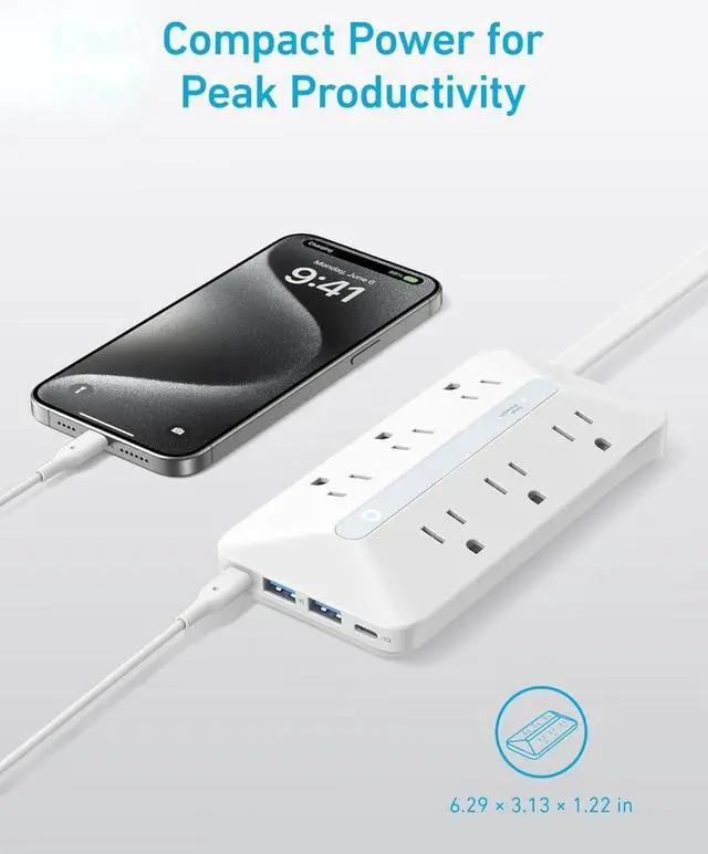 Alt view image 5 of 6 - Flat Plug Power Strip(300J) with 20W USB-C, 10-in-1 Ultra Thin Power Strip with 6 AC, 2 USB-A and C Each, 5 ft Extension Cord for Desk Charging Station/Home/Office/College/Dorm Essentials, White