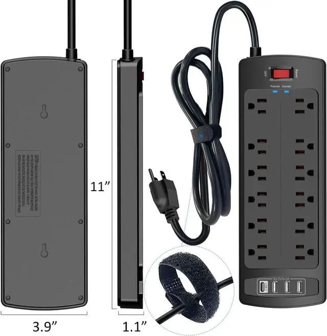 Alt view image 2 of 7 - Power Strip, Surge Protector with 12 Outlets and 4 USB Ports, 6 Feet Extension Cord (1875W/15A), 2700 Joules, ETL Listed, Black