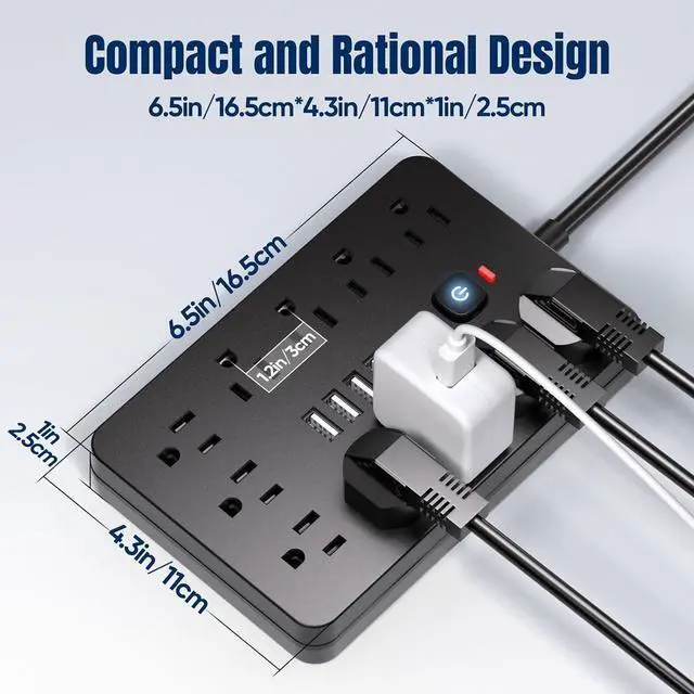Alt view image 2 of 6 - 6 FT Flat Plug Surge Protector Power Strip,11 Multiple AC Outlets with 6 USB Ports (2 USB C), 6 Feet Extension Cord, 1250W/10A, One Touch Switch Button, 17 in 1 Compact powerstrip