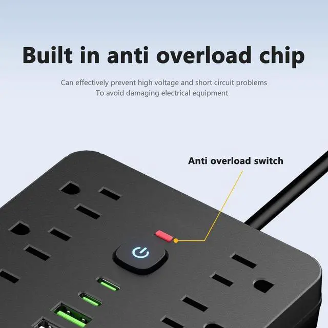 Alt view image 4 of 6 - 6 FT Flat Plug Surge Protector Power Strip,11 Multiple AC Outlets with 6 USB Ports (2 USB C), 6 Feet Extension Cord, 1250W/10A, One Touch Switch Button, 17 in 1 Compact powerstrip