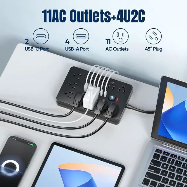 Alt view image 5 of 6 - 6 FT Flat Plug Surge Protector Power Strip,11 Multiple AC Outlets with 6 USB Ports (2 USB C), 6 Feet Extension Cord, 1250W/10A, One Touch Switch Button, 17 in 1 Compact powerstrip