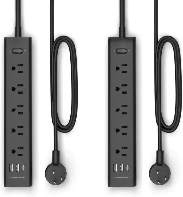 Main image of 2 Pack Power Strip Surge Protector-5 Widely Spaced Outlets 3 USB Ports(1 USB C Port),1250W/10A with 5Ft Extension Cord, Power Strips with Surge Protection, Wall Mount for Home Office,Black