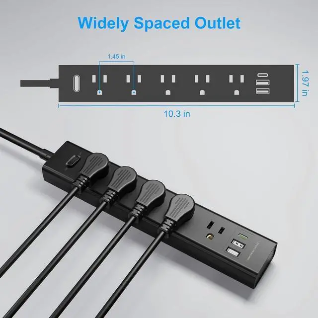 Alt view image 4 of 7 - 2 Pack Power Strip Surge Protector-5 Widely Spaced Outlets 3 USB Ports(1 USB C Port),1250W/10A with 5Ft Extension Cord, Power Strips with Surge Protection, Wall Mount for Home Office,Black