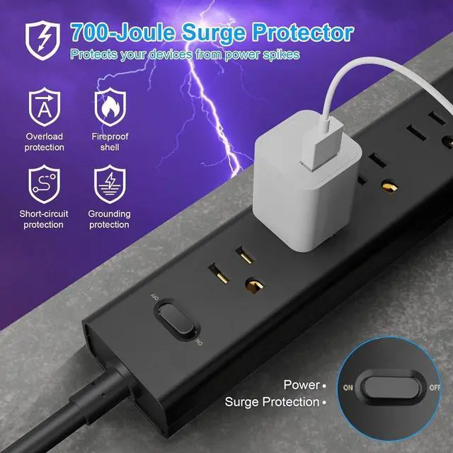 Alt view image 5 of 7 - 2 Pack Power Strip Surge Protector-5 Widely Spaced Outlets 3 USB Ports(1 USB C Port),1250W/10A with 5Ft Extension Cord, Power Strips with Surge Protection, Wall Mount for Home Office,Black
