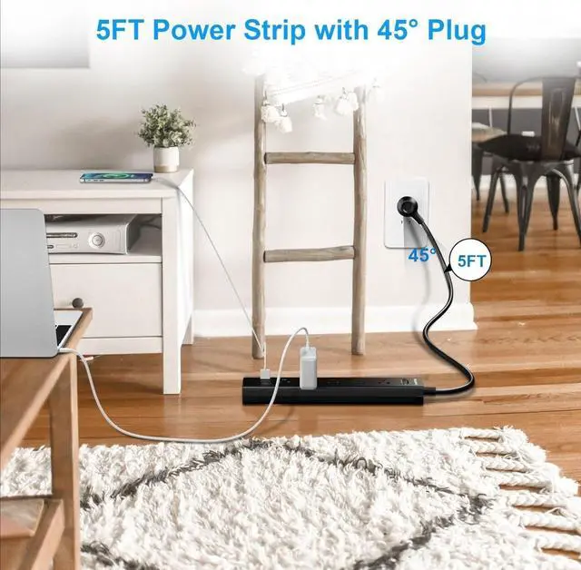 Alt view image 6 of 7 - 2 Pack Power Strip Surge Protector-5 Widely Spaced Outlets 3 USB Ports(1 USB C Port),1250W/10A with 5Ft Extension Cord, Power Strips with Surge Protection, Wall Mount for Home Office,Black