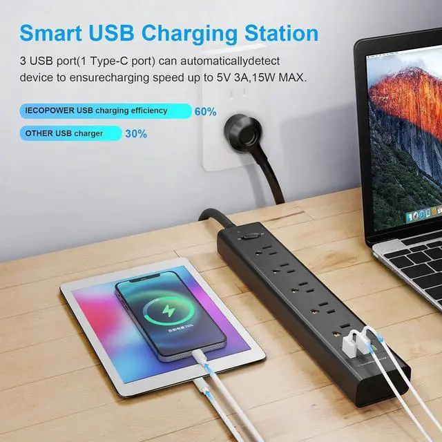 Alt view image 3 of 7 - 2 Pack Power Strip Surge Protector-5 Widely Spaced Outlets 3 USB Ports(1 USB C Port),1250W/10A with 5Ft Extension Cord, Power Strips with Surge Protection, Wall Mount for Home Office,Black
