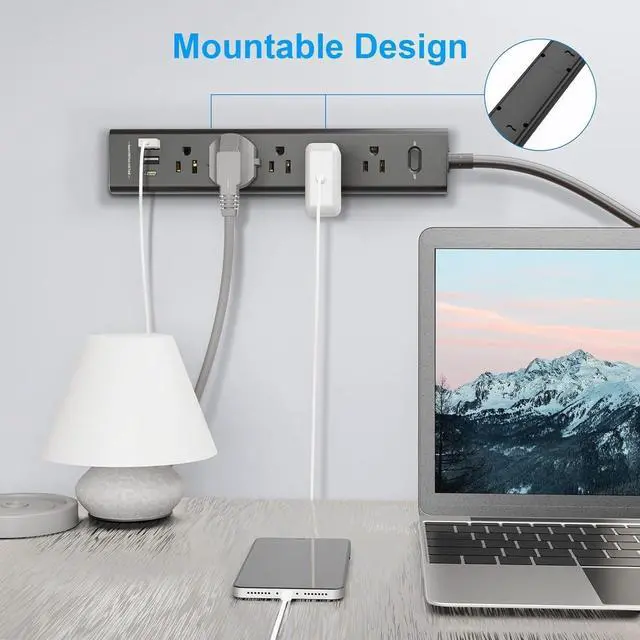 Alt view image 7 of 7 - 2 Pack Power Strip Surge Protector-5 Widely Spaced Outlets 3 USB Ports(1 USB C Port),1250W/10A with 5Ft Extension Cord, Power Strips with Surge Protection, Wall Mount for Home Office,Black