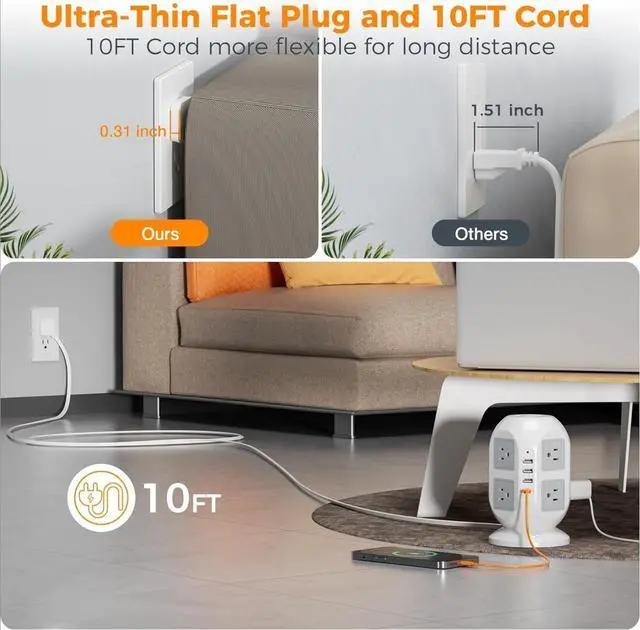 Alt view image 2 of 7 - Tower Surge Protector Power Strip 10 ft, Long Flat Extension Cord with Multiple Outlets, 8 AC Outlets with 4 USB Ports (1 USB C), Charging Station with Surge Protection, for Home Office Dorm