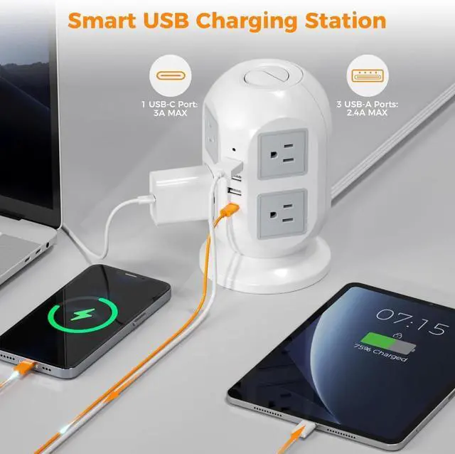 Alt view image 3 of 7 - Tower Surge Protector Power Strip 10 ft, Long Flat Extension Cord with Multiple Outlets, 8 AC Outlets with 4 USB Ports (1 USB C), Charging Station with Surge Protection, for Home Office Dorm