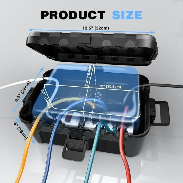 Alt view image 3 of 7 - Large Outdoor Electrical Box (12.5 x 8.5 x 5 inch), IP54 Waterproof Extension Cord Cover Weatherproof, Protect Outlet, Plug, Socket, Timer, Power Strip, Holiday Light Decoration, Black