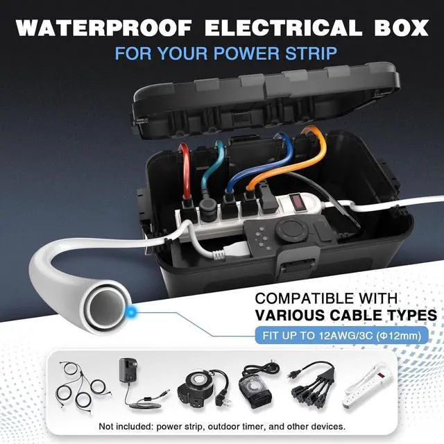 Alt view image 2 of 7 - Large Outdoor Electrical Box (12.5 x 8.5 x 5 inch), IP54 Waterproof Extension Cord Cover Weatherproof, Protect Outlet, Plug, Socket, Timer, Power Strip, Holiday Light Decoration, Black