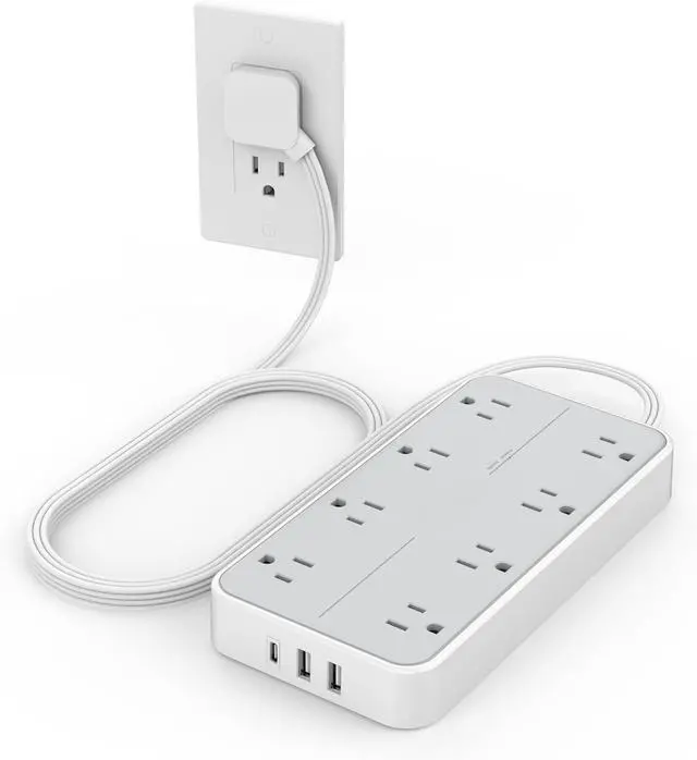 Main image of Power Strip Surge Protector, Flat Plug Extension Cord with 8 Outlets 3 USB Charger(1 USB C), 1080 Joules Protection, Wall Mountable Charging Station for Home Office School Dorm Room Essentials