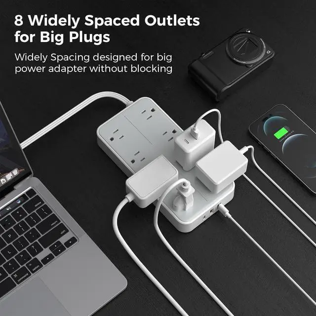Alt view image 2 of 7 - Power Strip Surge Protector, Flat Plug Extension Cord with 8 Outlets 3 USB Charger(1 USB C), 1080 Joules Protection, Wall Mountable Charging Station for Home Office School Dorm Room Essentials