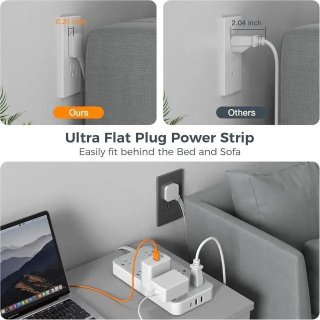 Alt view image 3 of 7 - Power Strip Surge Protector, Flat Plug Extension Cord with 8 Outlets 3 USB Charger(1 USB C), 1080 Joules Protection, Wall Mountable Charging Station for Home Office School Dorm Room Essentials