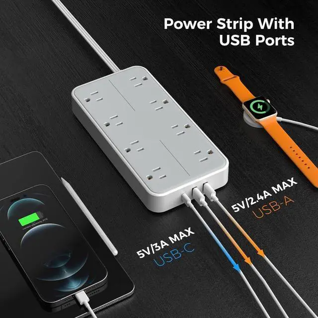 Alt view image 4 of 7 - Power Strip Surge Protector, Flat Plug Extension Cord with 8 Outlets 3 USB Charger(1 USB C), 1080 Joules Protection, Wall Mountable Charging Station for Home Office School Dorm Room Essentials