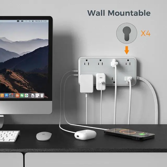 Alt view image 6 of 7 - Power Strip Surge Protector, Flat Plug Extension Cord with 8 Outlets 3 USB Charger(1 USB C), 1080 Joules Protection, Wall Mountable Charging Station for Home Office School Dorm Room Essentials