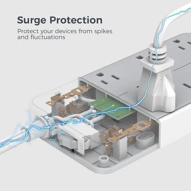 Alt view image 5 of 7 - Power Strip Surge Protector, Flat Plug Extension Cord with 8 Outlets 3 USB Charger(1 USB C), 1080 Joules Protection, Wall Mountable Charging Station for Home Office School Dorm Room Essentials