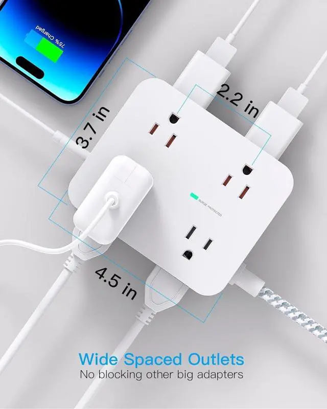 Alt view image 3 of 7 - 10 Ft Surge Protector Power Strip, Extension Cord with 8 AC Outlets 4 USB (2 USB C) Ports, Flat Plug, Wall Mount Desk USB Charging Station for Home