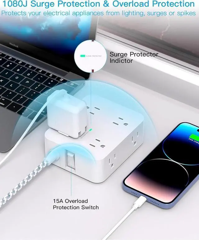 Alt view image 2 of 7 - 10 Ft Surge Protector Power Strip, Extension Cord with 8 AC Outlets 4 USB (2 USB C) Ports, Flat Plug, Wall Mount Desk USB Charging Station for Home