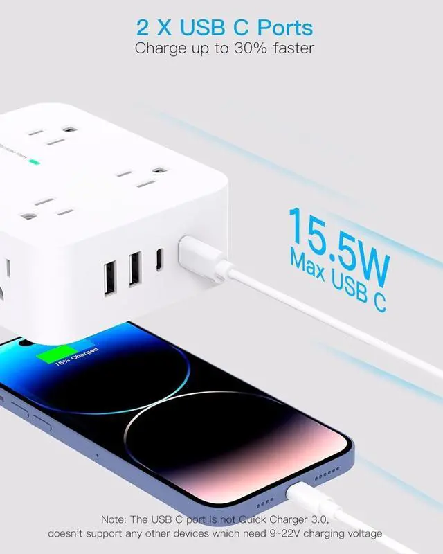 Alt view image 4 of 7 - 10 Ft Surge Protector Power Strip, Extension Cord with 8 AC Outlets 4 USB (2 USB C) Ports, Flat Plug, Wall Mount Desk USB Charging Station for Home