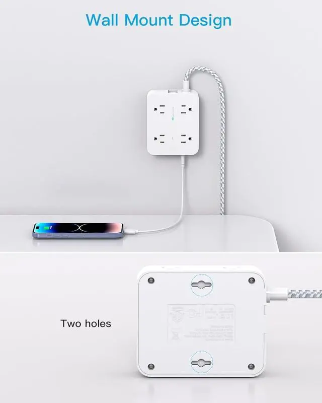 Alt view image 7 of 7 - 10 Ft Surge Protector Power Strip, Extension Cord with 8 AC Outlets 4 USB (2 USB C) Ports, Flat Plug, Wall Mount Desk USB Charging Station for Home