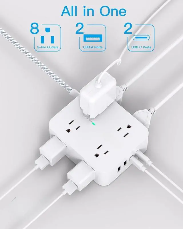 Alt view image 5 of 7 - 10 Ft Surge Protector Power Strip, Extension Cord with 8 AC Outlets 4 USB (2 USB C) Ports, Flat Plug, Wall Mount Desk USB Charging Station for Home