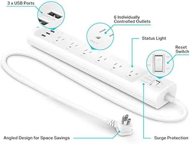 Alt view image 2 of 7 - FOR-Plug Power Strip HS300, Surge Protector with 6 Individually Controlled Smart Outlets and 3 USB Ports, Works with Alexa & Google Home, No Hub Required , White
