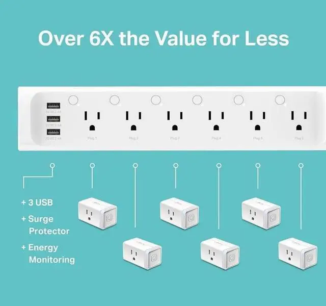 Alt view image 3 of 7 - FOR-Plug Power Strip HS300, Surge Protector with 6 Individually Controlled Smart Outlets and 3 USB Ports, Works with Alexa & Google Home, No Hub Required , White
