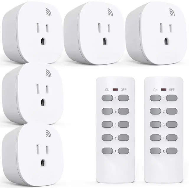 Main image of Remote Control Outlet Wireless Light Switch for Household Appliances, Expandable Remote Light Switch Kit, Up to 100 ft Range, FCC Certified, ETL Listed, White (5 Outlets + 2 Remotes)