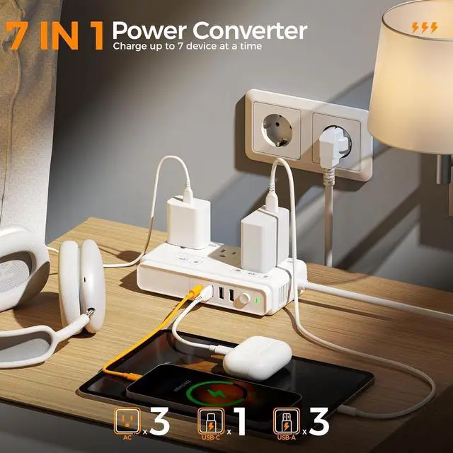Alt view image 2 of 7 - 220V to 110V Voltage Converter, Universal Travel Adapter with 4 USB Charger (1 USB C), 3 AC Sockets and EU/UK/AU/IT Plug Power Adaptor, Step Down Transformer Outlet Converters for International