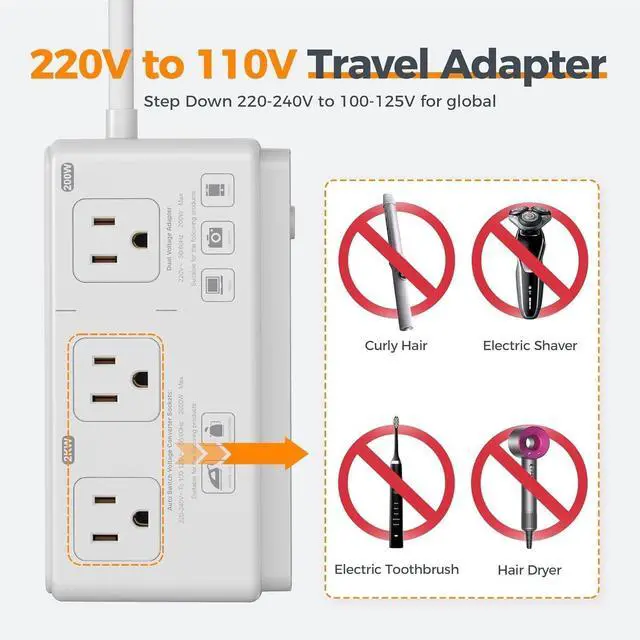 Alt view image 7 of 7 - 220V to 110V Voltage Converter, Universal Travel Adapter with 4 USB Charger (1 USB C), 3 AC Sockets and EU/UK/AU/IT Plug Power Adaptor, Step Down Transformer Outlet Converters for International