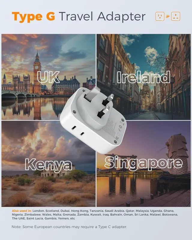 Alt view image 2 of 7 - FOR-US to UK Plug Adapter 3 Pack, Type G Adapter for Travel with 4 Outlets 3 USB Charger(1 USB C), Ireland Power Adaptor for USA to England London Scotland Dubai Singapore Hong Kong Qatar