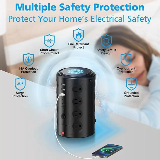 Alt view image 3 of 6 - Tower Power Strip Surge Protector with 16 Outlets and 5 USB Ports (2 USB-C), 6FT Extension Cord with Multiple Outlets,Heavy Duty Charging Station,Home Office Dorm Room Essentials. No Wireless Charging