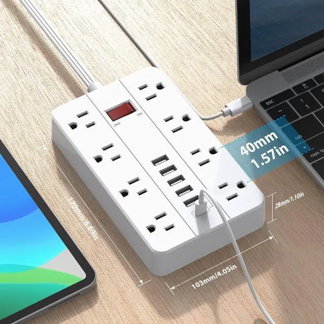Alt view image 5 of 7 - Power Strip with USB,Surge Protector Flat Plug with 8 Widely Spaced Outlets and 6 USB Ports(1 USB C), 5ft Extension Cord Wall Mountable Phone Tablet Laptop Computer Multiple Devices