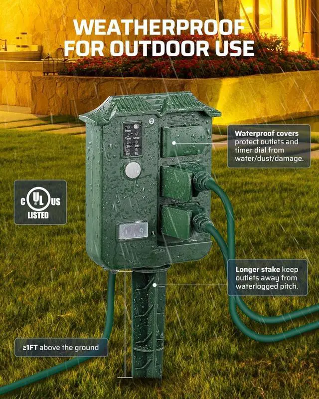 Alt view image 3 of 7 - Outdoor Power Stake Timer Waterproof, 100FT Wireless Remote Control, 6 Grounded Outlets, 6FT Extension Cord, Photocell Dusk to Dawn for Halloween/Christmas Decor Lights, Garden, UL Listed