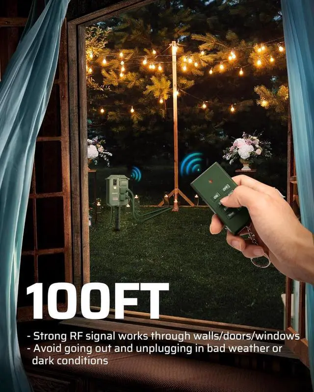 Alt view image 2 of 7 - Outdoor Power Stake Timer Waterproof, 100FT Wireless Remote Control, 6 Grounded Outlets, 6FT Extension Cord, Photocell Dusk to Dawn for Halloween/Christmas Decor Lights, Garden, UL Listed