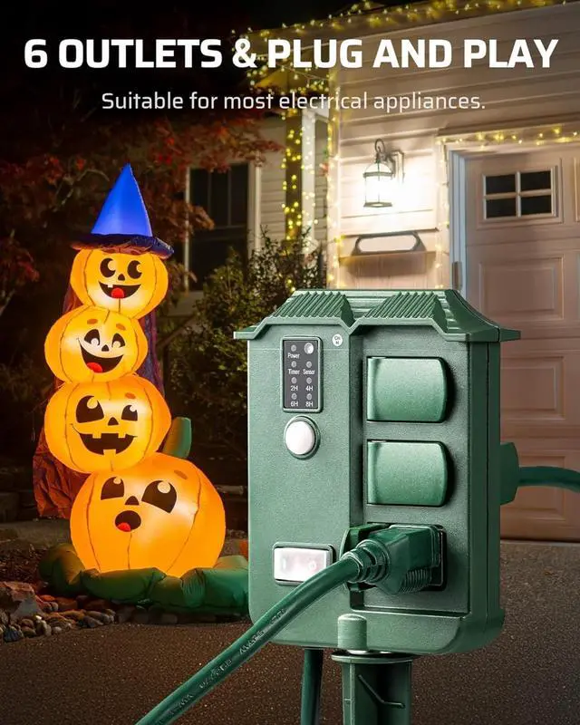 Alt view image 5 of 7 - Outdoor Power Stake Timer Waterproof, 100FT Wireless Remote Control, 6 Grounded Outlets, 6FT Extension Cord, Photocell Dusk to Dawn for Halloween/Christmas Decor Lights, Garden, UL Listed