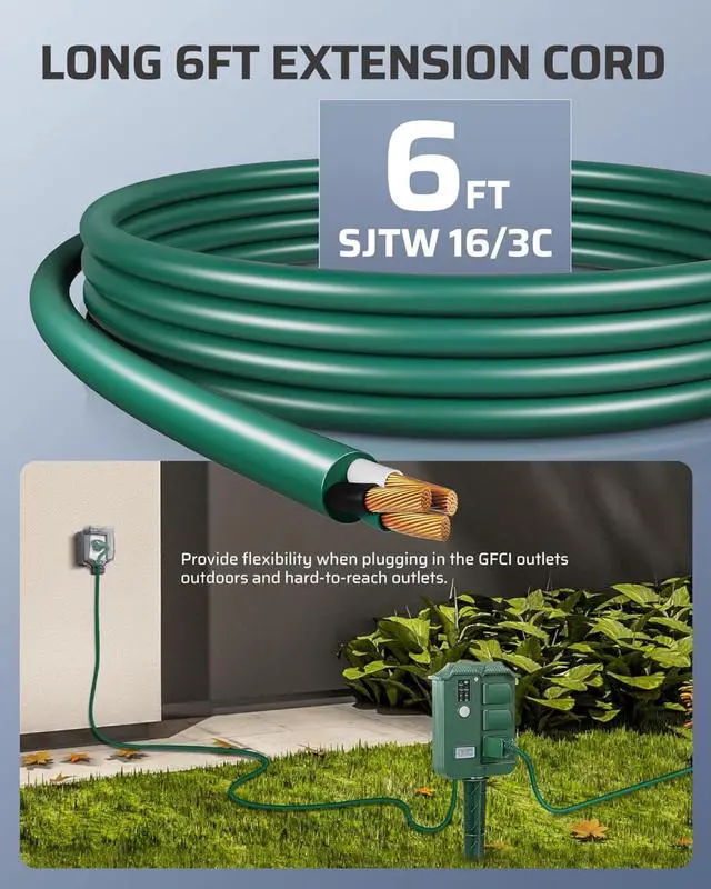 Alt view image 7 of 7 - Outdoor Power Stake Timer Waterproof, 100FT Wireless Remote Control, 6 Grounded Outlets, 6FT Extension Cord, Photocell Dusk to Dawn for Halloween/Christmas Decor Lights, Garden, UL Listed