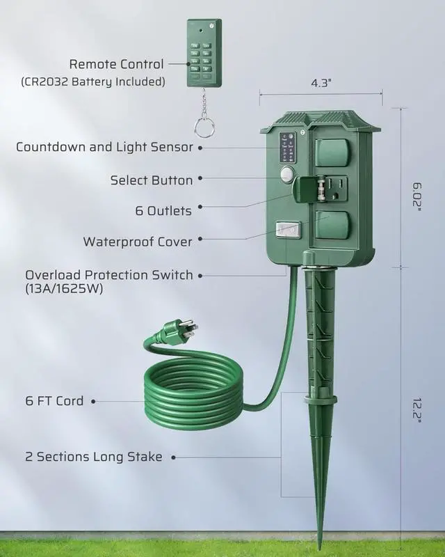 Alt view image 6 of 7 - Outdoor Power Stake Timer Waterproof, 100FT Wireless Remote Control, 6 Grounded Outlets, 6FT Extension Cord, Photocell Dusk to Dawn for Halloween/Christmas Decor Lights, Garden, UL Listed