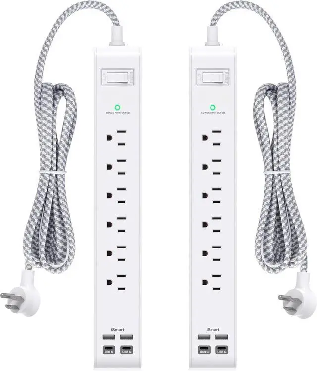Main image of 2 Pack Power Strip, 12FT Long Extension Cord, Surge Protector with 6 Outlets and 4 USB Ports (2 USB C), Flat Plug Overload Protection, Extension Cord 10+ ft, Wall Mount for Home Office Dorm College