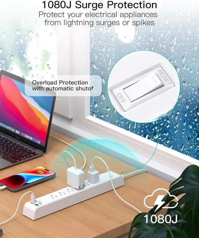 Alt view image 5 of 7 - 2 Pack Power Strip, 12FT Long Extension Cord, Surge Protector with 6 Outlets and 4 USB Ports (2 USB C), Flat Plug Overload Protection, Extension Cord 10+ ft, Wall Mount for Home Office Dorm College