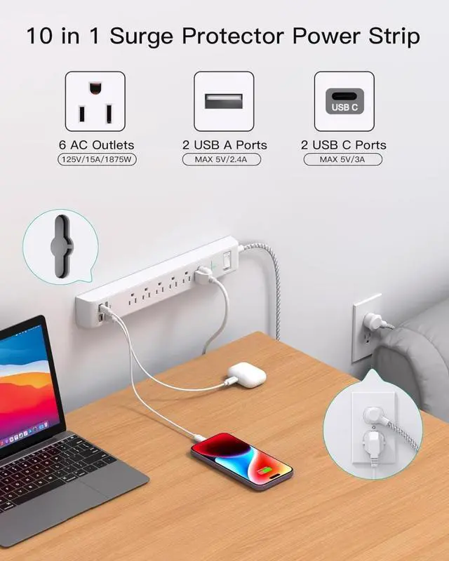 Alt view image 2 of 7 - 2 Pack Power Strip, 12FT Long Extension Cord, Surge Protector with 6 Outlets and 4 USB Ports (2 USB C), Flat Plug Overload Protection, Extension Cord 10+ ft, Wall Mount for Home Office Dorm College
