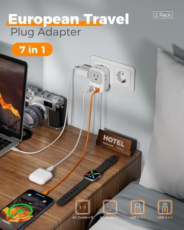 Alt view image 4 of 7 - FOR2 Pack European Travel Plug Adapter (No Voltage Conversion), US to Europe Plug Adapter with 4 Electrical Outlets 3 USB Ports (2 USB C), Type C Power Adaptor for EU Italy Iceland Spain