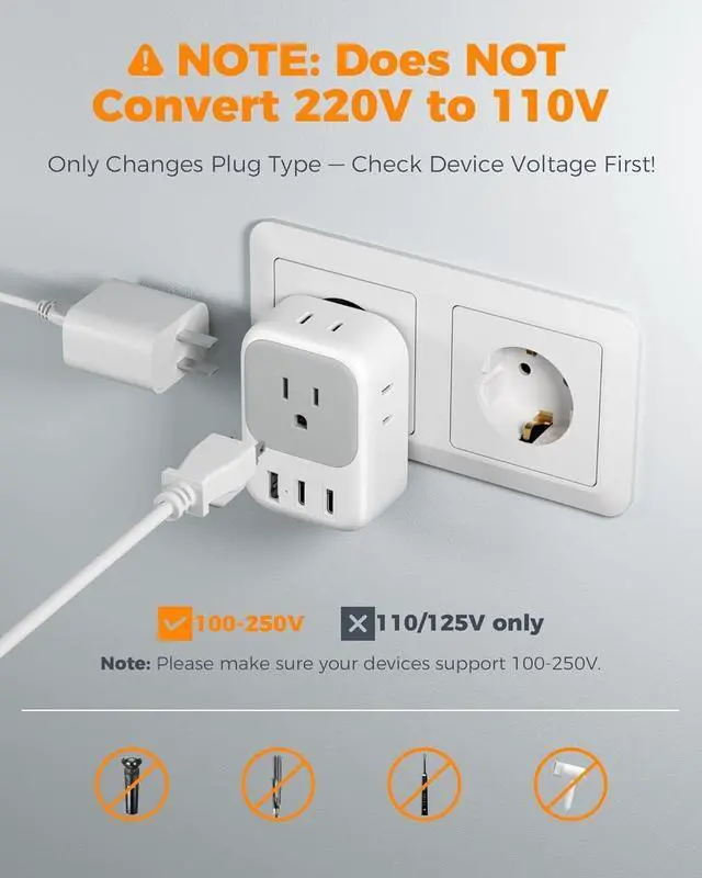 Alt view image 2 of 7 - FOR2 Pack European Travel Plug Adapter (No Voltage Conversion), US to Europe Plug Adapter with 4 Electrical Outlets 3 USB Ports (2 USB C), Type C Power Adaptor for EU Italy Iceland Spain