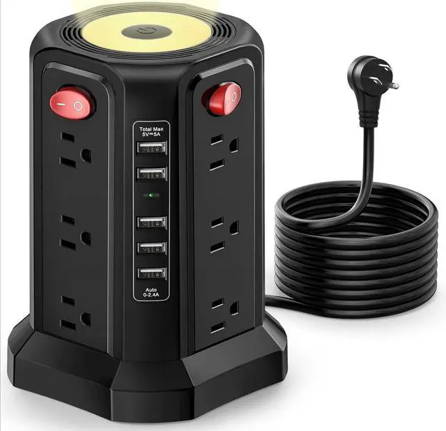 Main image of Surge Protector Power Strip Tower with 5 USB Ports and Night Light,10FT Extension Cord with 12 AC Multiple Outlets, Power Tower Overload Protection for Home Office Dorm Room Essentials(Black)