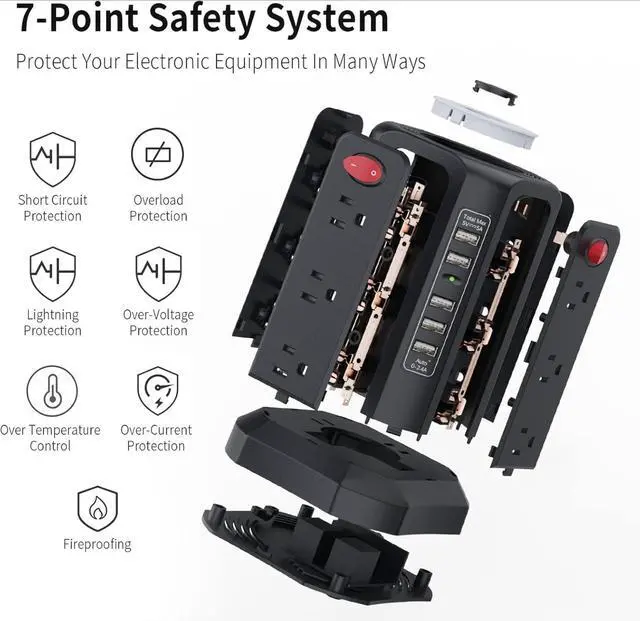 Alt view image 5 of 6 - Surge Protector Power Strip Tower with 5 USB Ports and Night Light,10FT Extension Cord with 12 AC Multiple Outlets, Power Tower Overload Protection for Home Office Dorm Room Essentials(Black)