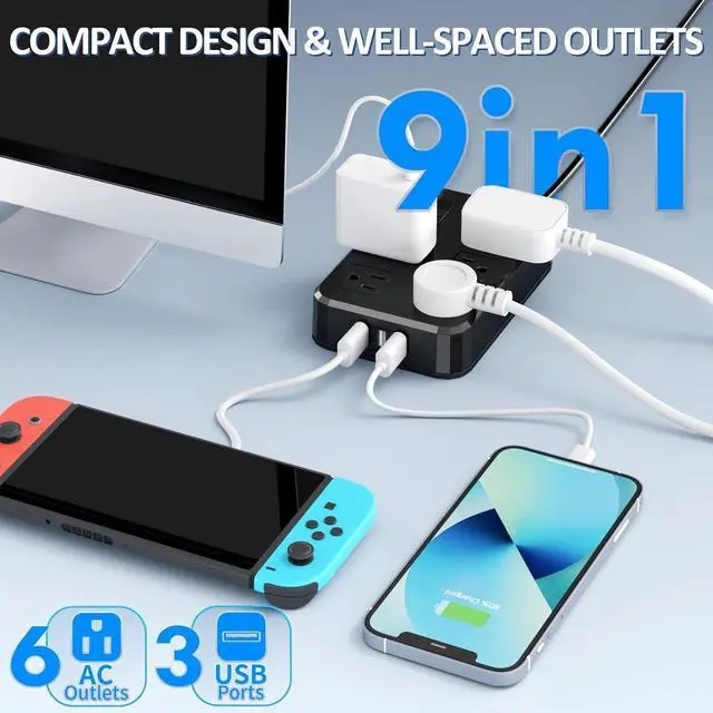 Alt view image 2 of 6 - IPX6 Outdoor Power Strip Weatherproof, Waterproof Surge Protector with 6 Wide Outlet with 3 USB Ports, 6FT Long Extension Cord, Wall Mountable for Outside Decorations and More UL Listed(Black)