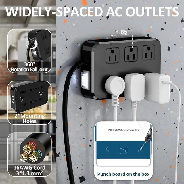Alt view image 3 of 6 - IPX6 Outdoor Power Strip Weatherproof, Waterproof Surge Protector with 6 Wide Outlet with 3 USB Ports, 6FT Long Extension Cord, Wall Mountable for Outside Decorations and More UL Listed(Black)