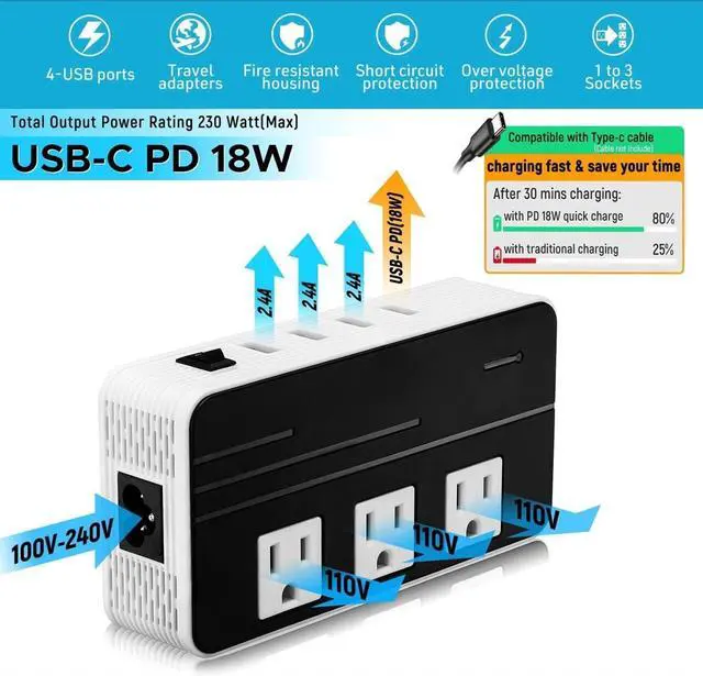 Alt view image 3 of 7 - for230-Watt Step Down 220V to 110V Voltage Converter & International Travel Adapter/Power Converter with USB-C Port 18W - [Use for USA Appliance Overseas in Europe, AU, UK, Ireland, etc.]